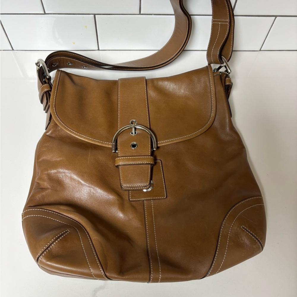 Vintage COACH Brown Leather Shoulder Bag, Buckle Accents, G3S-9481 Clean